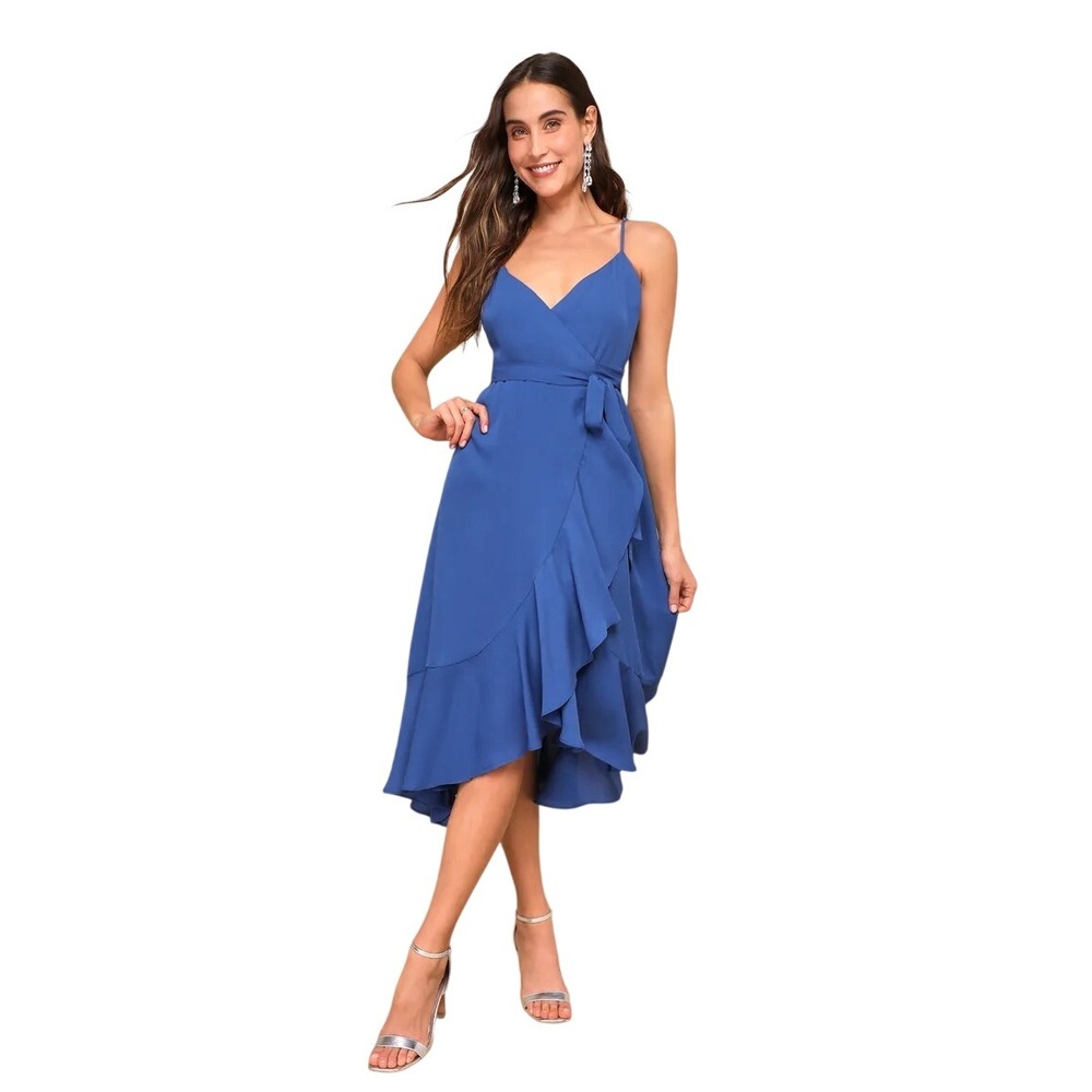 Lulus Manhattan Moment Blue Ruffled Midi Wrap Dress Size S‎ Wedding Cocktail